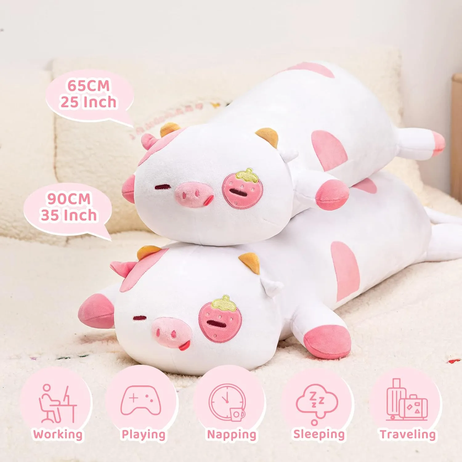 Strawberry Cow Plush Body Pillow, 35" Kawaii Cow Stuffed Animals Squishy Pillow, Cute Plushies Cuddle Pillow for Kids, Long Plush Cow Pillow Toys, Birthday Gifts for Women, Girls and Males