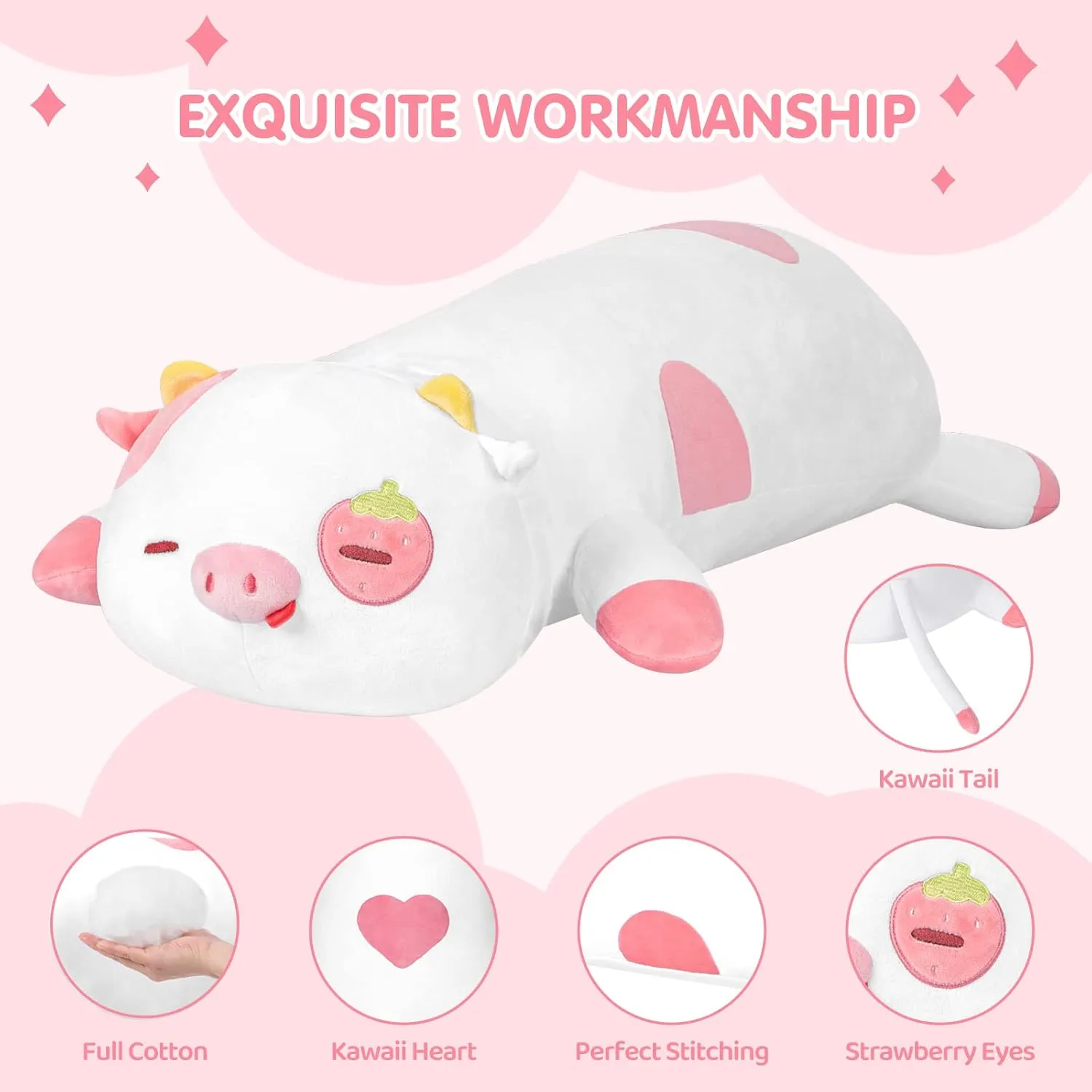 Strawberry Cow Plush Body Pillow, 35" Kawaii Cow Stuffed Animals Squishy Pillow, Cute Plushies Cuddle Pillow for Kids, Long Plush Cow Pillow Toys, Birthday Gifts for Women, Girls and Males