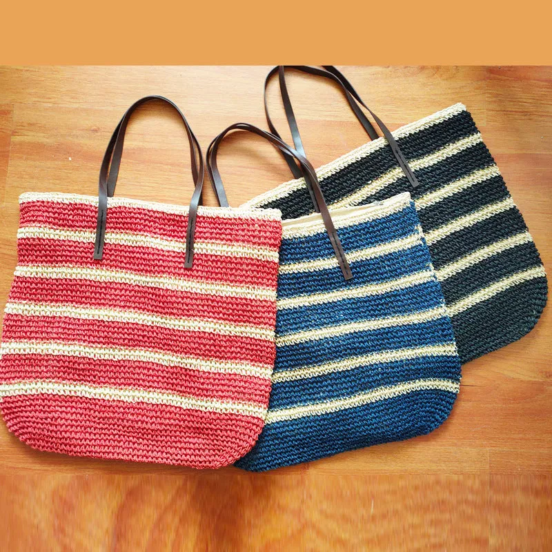 Stripe Color Matching Crochet Beach Bag Large Capacity Shoulder Bag