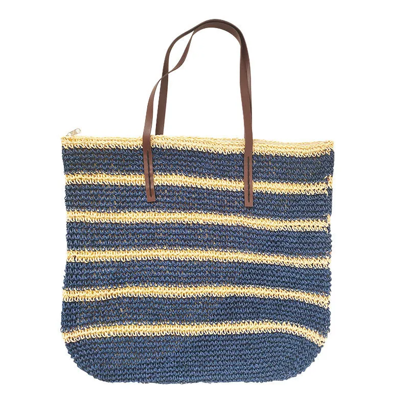 Stripe Color Matching Crochet Beach Bag Large Capacity Shoulder Bag