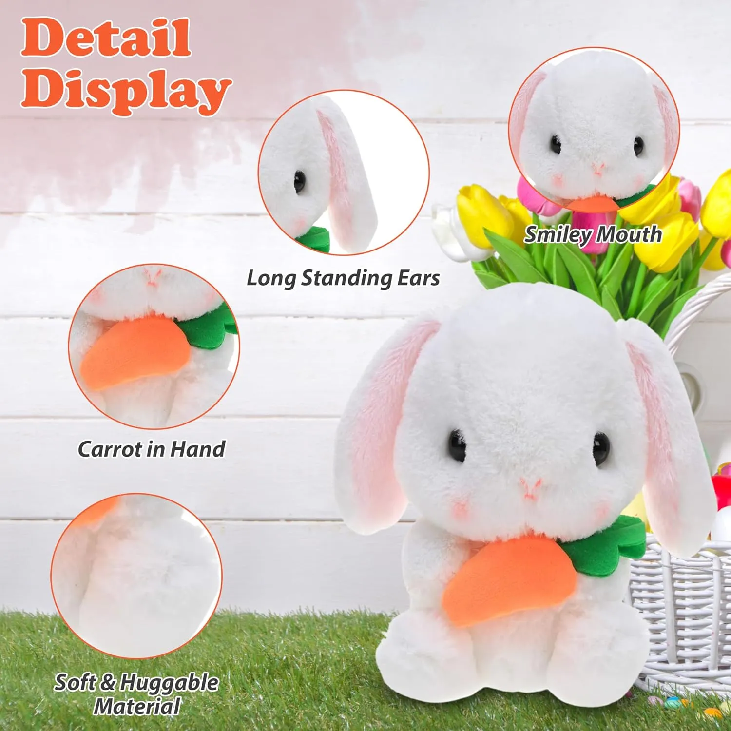 Stuffed White Easter Bunny Animal with Carrot Soft Lovely Realistic Long-Eared Standing Rabbit Plush Toy for Kids & Adults (Bunny-14 inch)