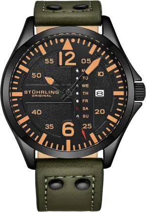 Stuhrling Original Mens Leather Watch -Aviation Watch, Quick-Set Day-Date Leather Band with Steel Rivets,