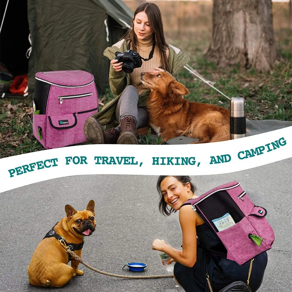 Stylish Pink Dog Travel Backpack - Airline Approved Carrier with Collapsible Bowls and Food Containers for Adventurous Pet Parents