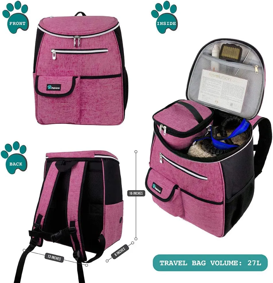 Stylish Pink Dog Travel Backpack - Airline Approved Carrier with Collapsible Bowls and Food Containers for Adventurous Pet Parents