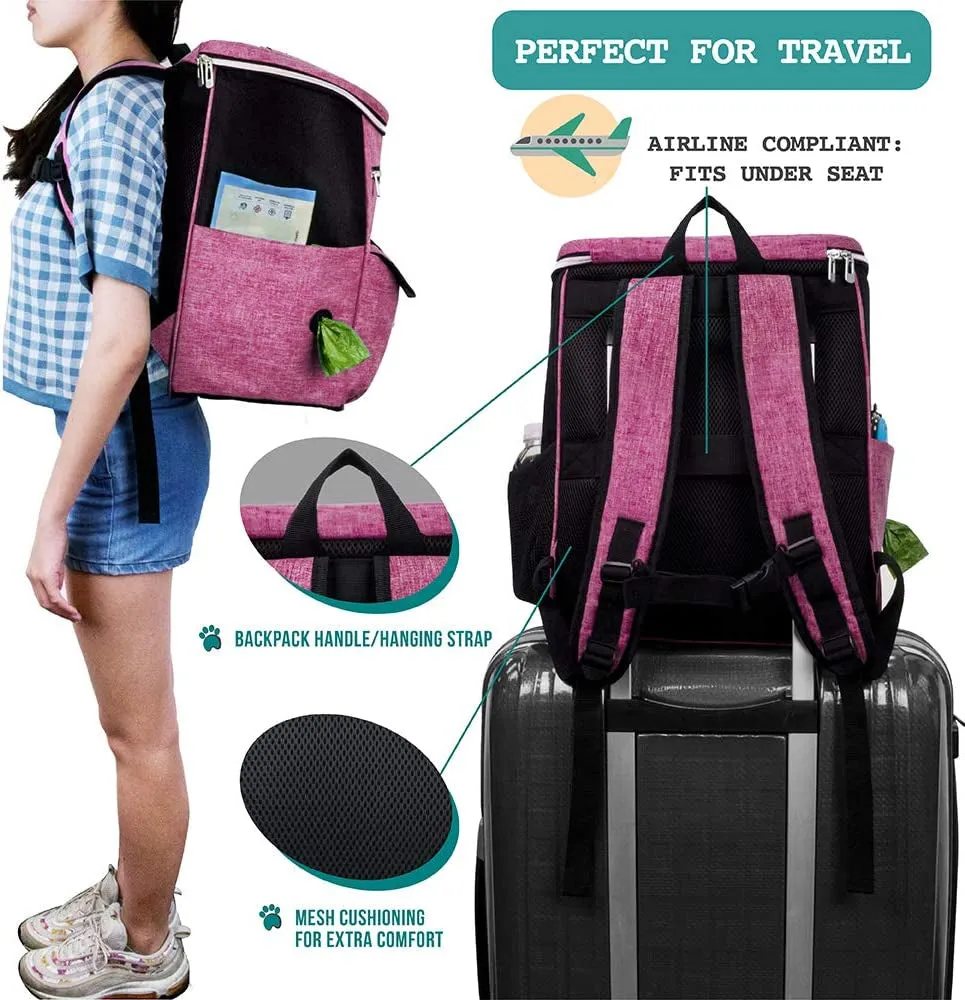 Stylish Pink Dog Travel Backpack - Airline Approved Carrier with Collapsible Bowls and Food Containers for Adventurous Pet Parents
