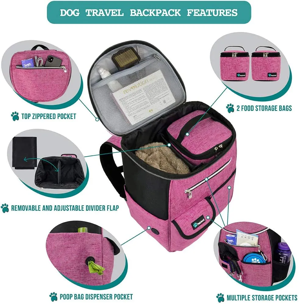Stylish Pink Dog Travel Backpack - Airline Approved Carrier with Collapsible Bowls and Food Containers for Adventurous Pet Parents