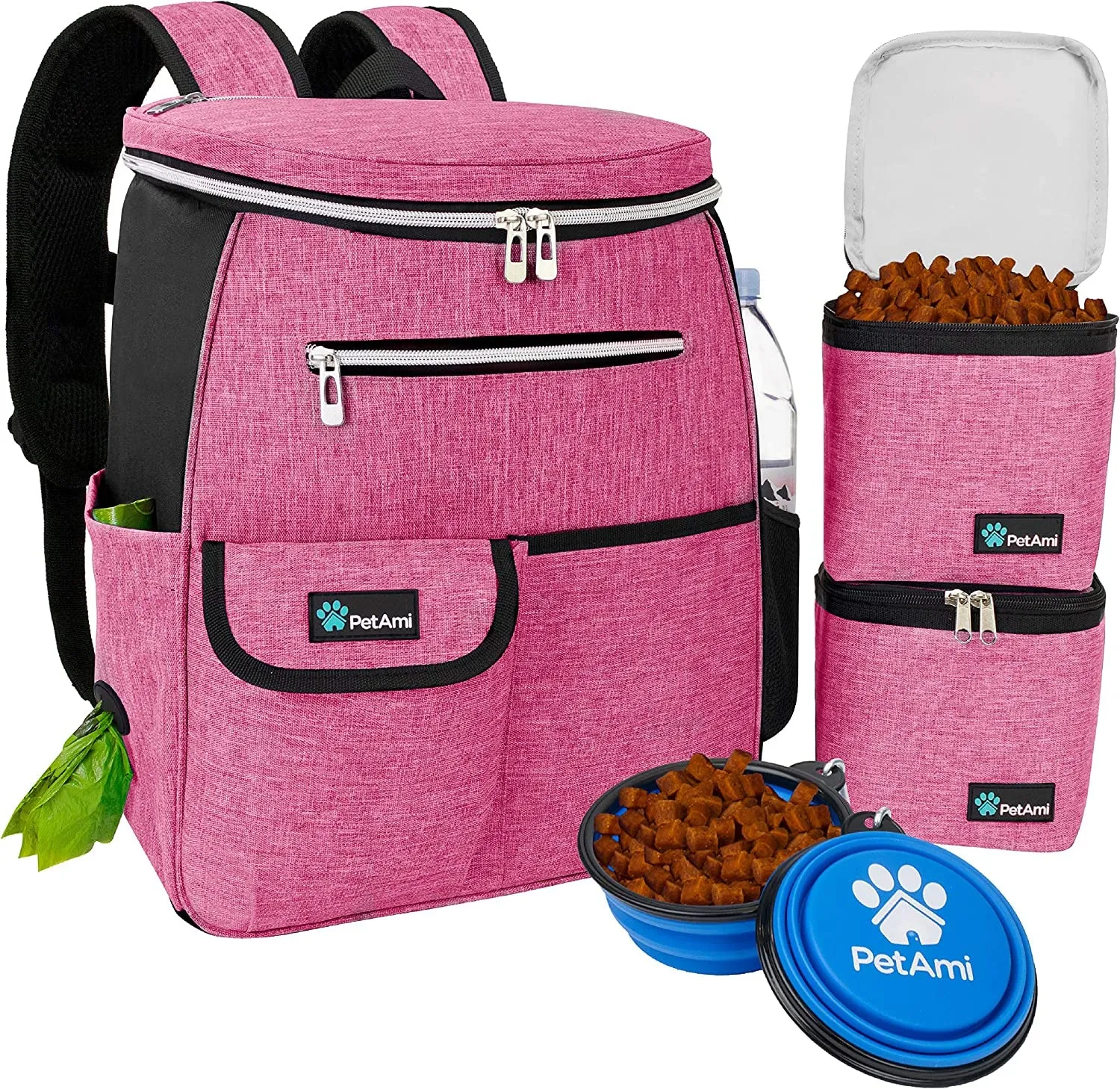Stylish Pink Dog Travel Backpack - Airline Approved Carrier with Collapsible Bowls and Food Containers for Adventurous Pet Parents