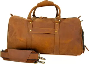 SUEDE Full Grain Leather Duffle Bag for Men and Women - Genuine Leather Carry-On Travel Bag with Shoe Compartment and Toiletry Bag, Perfect for Gym Overnight Weekender