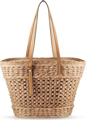 Summer Beach bag, Handwoven Straw Bag, Large Capacity Beach Tote Basket Bag Leather Shoulder Straps, Woven Bag for Women Handbag Shoulder Bag (khaki)