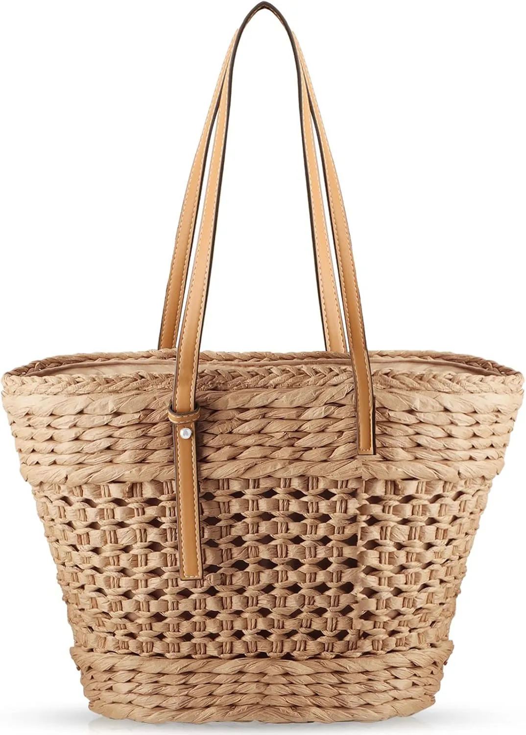 Summer Beach bag, Handwoven Straw Bag, Large Capacity Beach Tote Basket Bag Leather Shoulder Straps, Woven Bag for Women Handbag Shoulder Bag (khaki)