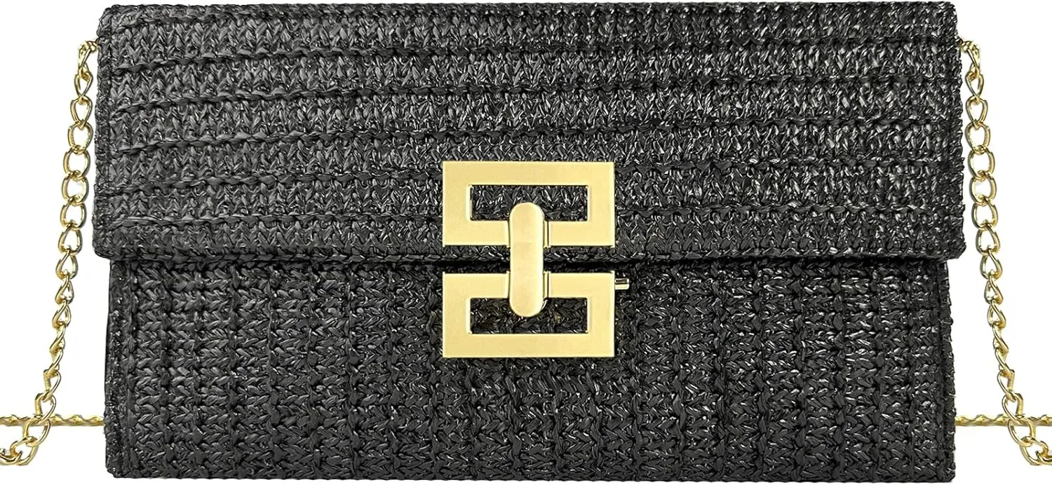 Summer Straw Clutch Purses for Women Woven Beach Bag Evening Purse Envelope Clutch with Detachable Strap