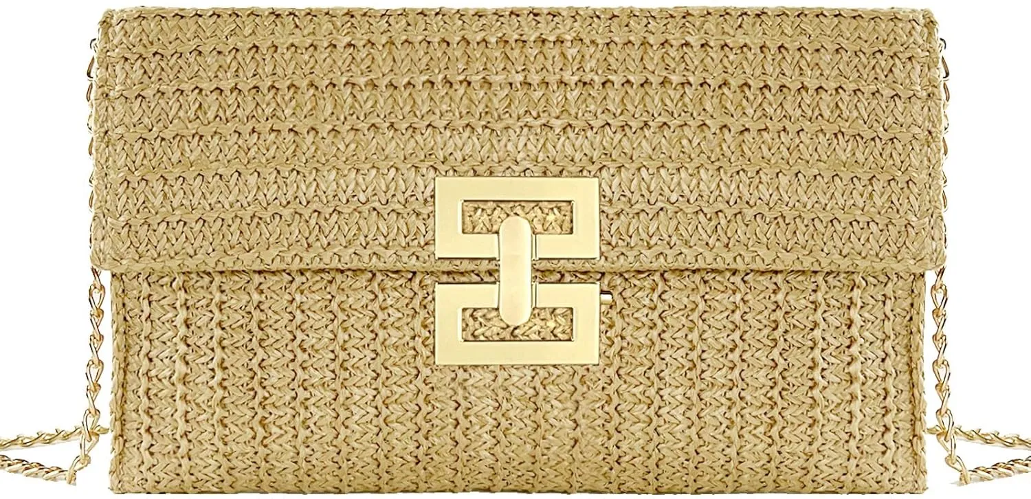 Summer Straw Clutch Purses for Women Woven Beach Bag Evening Purse Envelope Clutch with Detachable Strap
