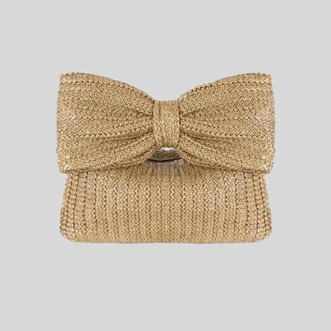 Summer Straw Woven Clutch Bag – Women's Knotted Purse with Bow, Luxury Design Evening Handbag for Parties and Beach