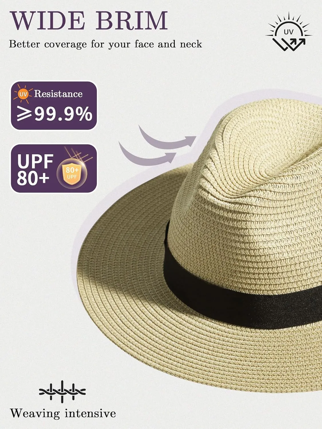 Sun Hats for Women Men- Wide Brim Fedora Straw Panama Beach Hat UV UPF 80  with 2 Replaceable Ribbons