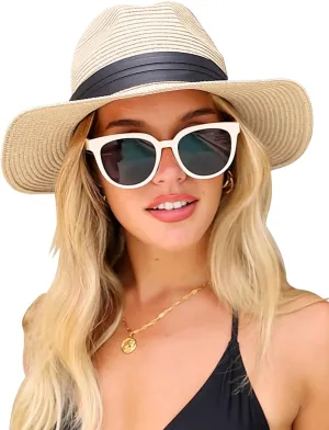 Sun Hats for Women Men- Wide Brim Fedora Straw Panama Beach Hat UV UPF 80  with 2 Replaceable Ribbons