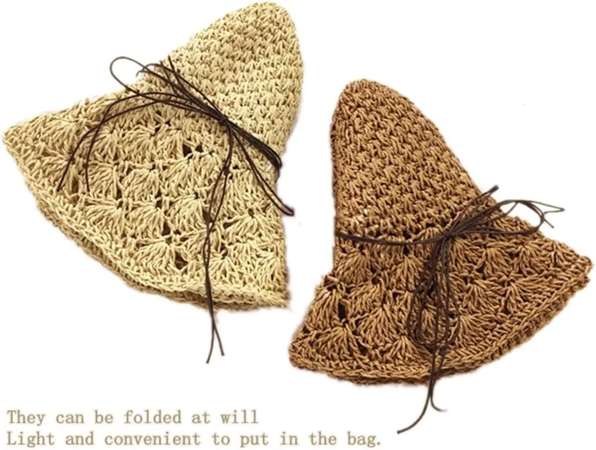 Sun Straw Hats for Women Foldable Floppy Beach Summer Hat Oversized Weave Wide Brim Bowknot Lace for Ladies