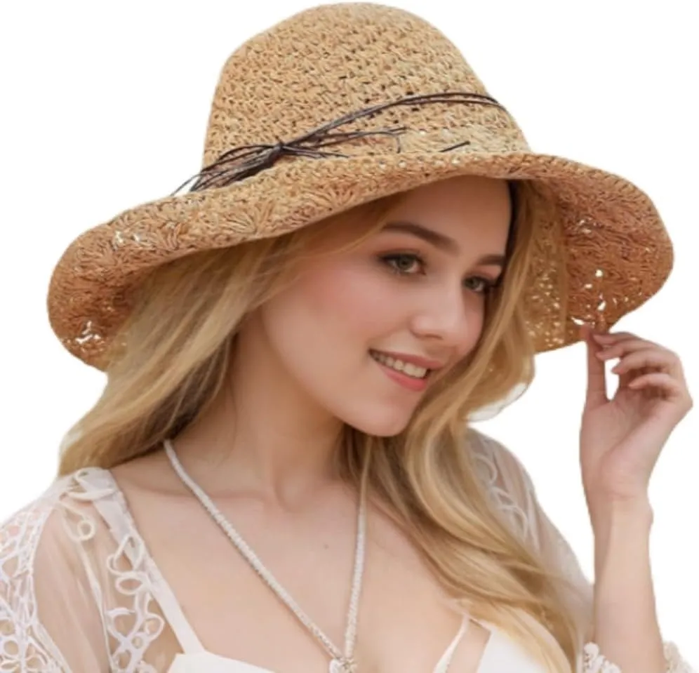 Sun Straw Hats for Women Foldable Floppy Beach Summer Hat Oversized Weave Wide Brim Bowknot Lace for Ladies