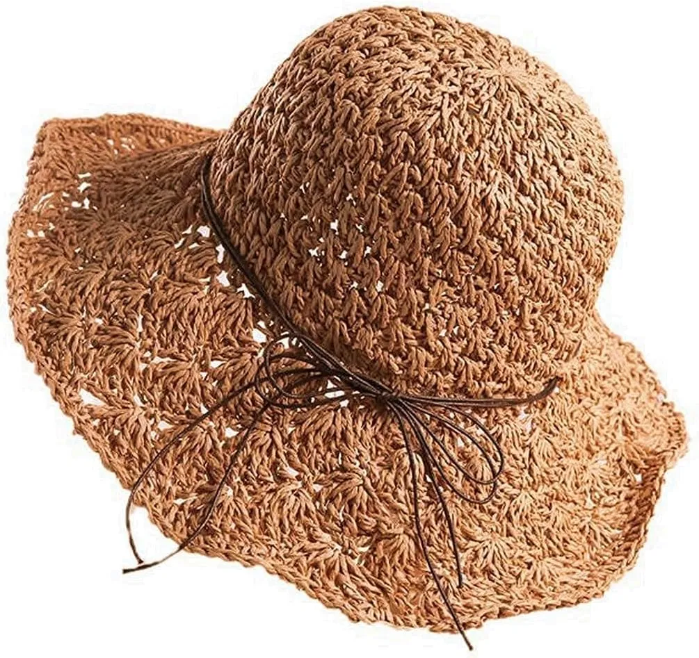 Sun Straw Hats for Women Foldable Floppy Beach Summer Hat Oversized Weave Wide Brim Bowknot Lace for Ladies