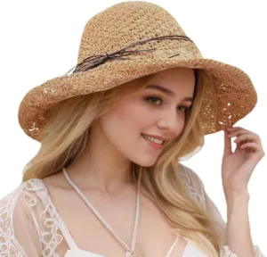 Sun Straw Hats for Women Foldable Floppy Beach Summer Hat Oversized Weave Wide Brim Bowknot Lace for Ladies