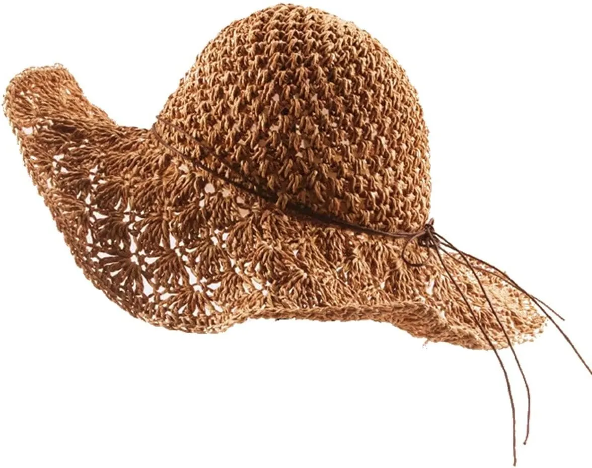 Sun Straw Hats for Women Foldable Floppy Beach Summer Hat Oversized Weave Wide Brim Bowknot Lace for Ladies