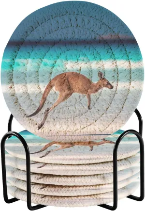 susiyo 6 Pcs Coasters with Holder Kangaroo Jumping on Beach Drink Coasters Set Woven Coasters for Drinks