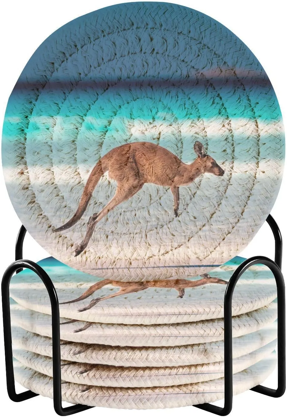 susiyo 6 Pcs Coasters with Holder Kangaroo Jumping on Beach Drink Coasters Set Woven Coasters for Drinks