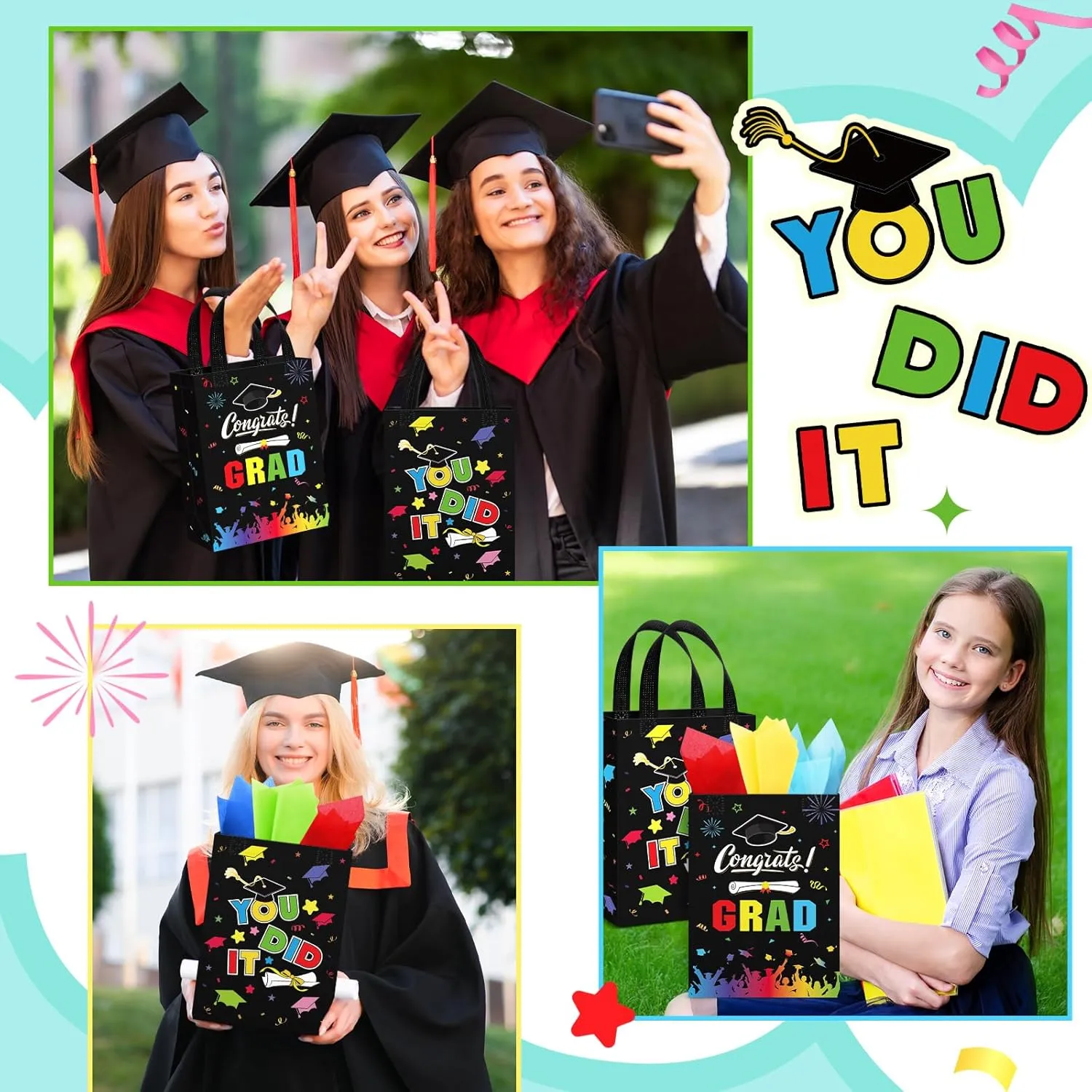 Sweetude 24 Pcs 2025 Graduation Gift Bags with Handles Reusable Congrats Grad Tote Bags for College Graduation Party Supplies