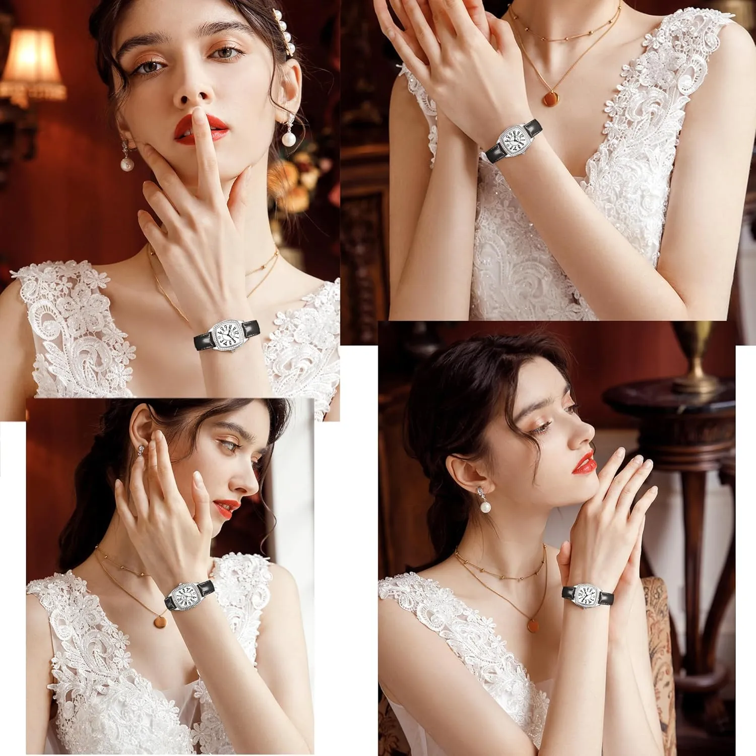T-ENGINE Luxury Women's Watch with Genuine Leather Strap, Diamond Inlay | Fashion Vintage Design
