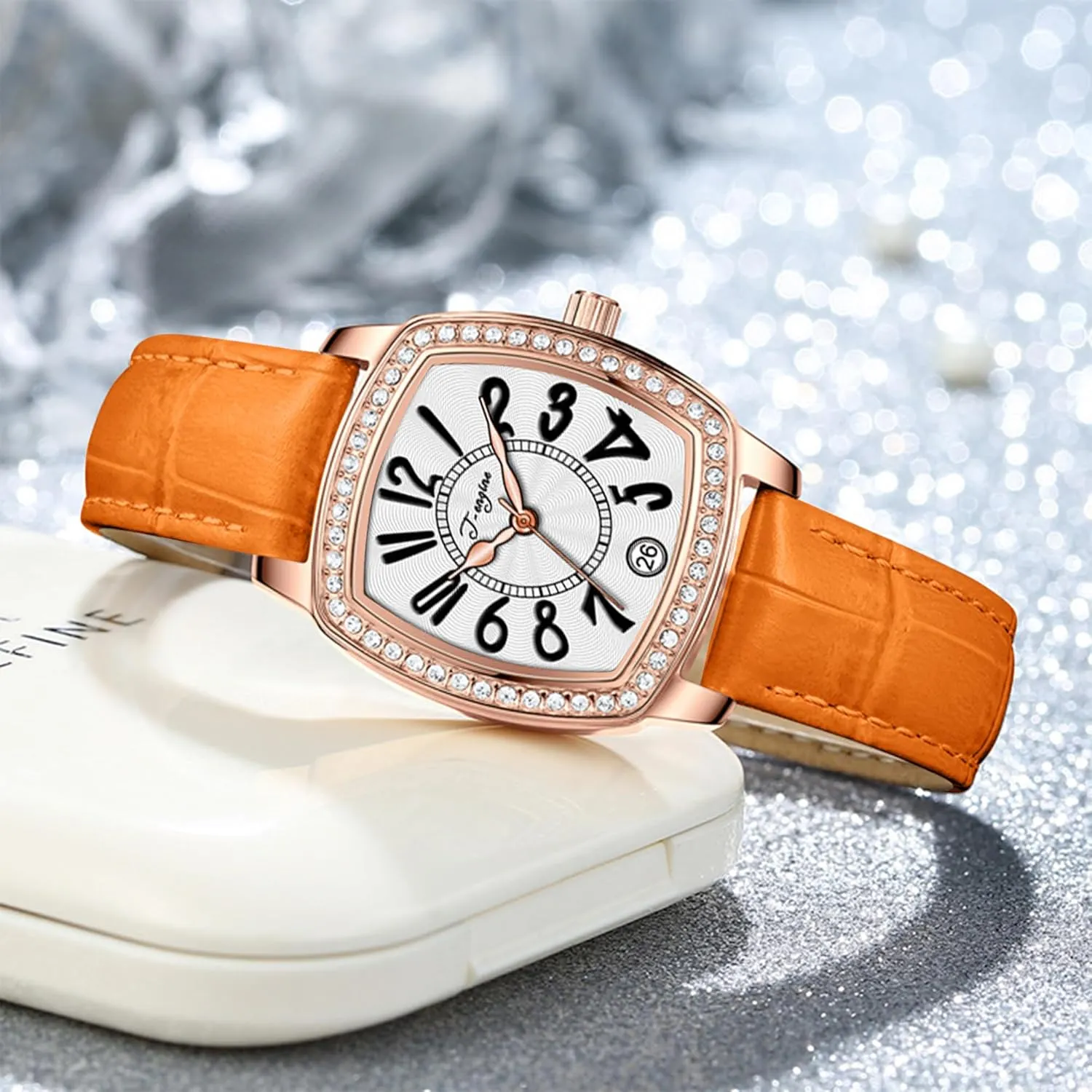 T-ENGINE Luxury Women's Watch with Genuine Leather Strap, Diamond Inlay | Fashion Vintage Design
