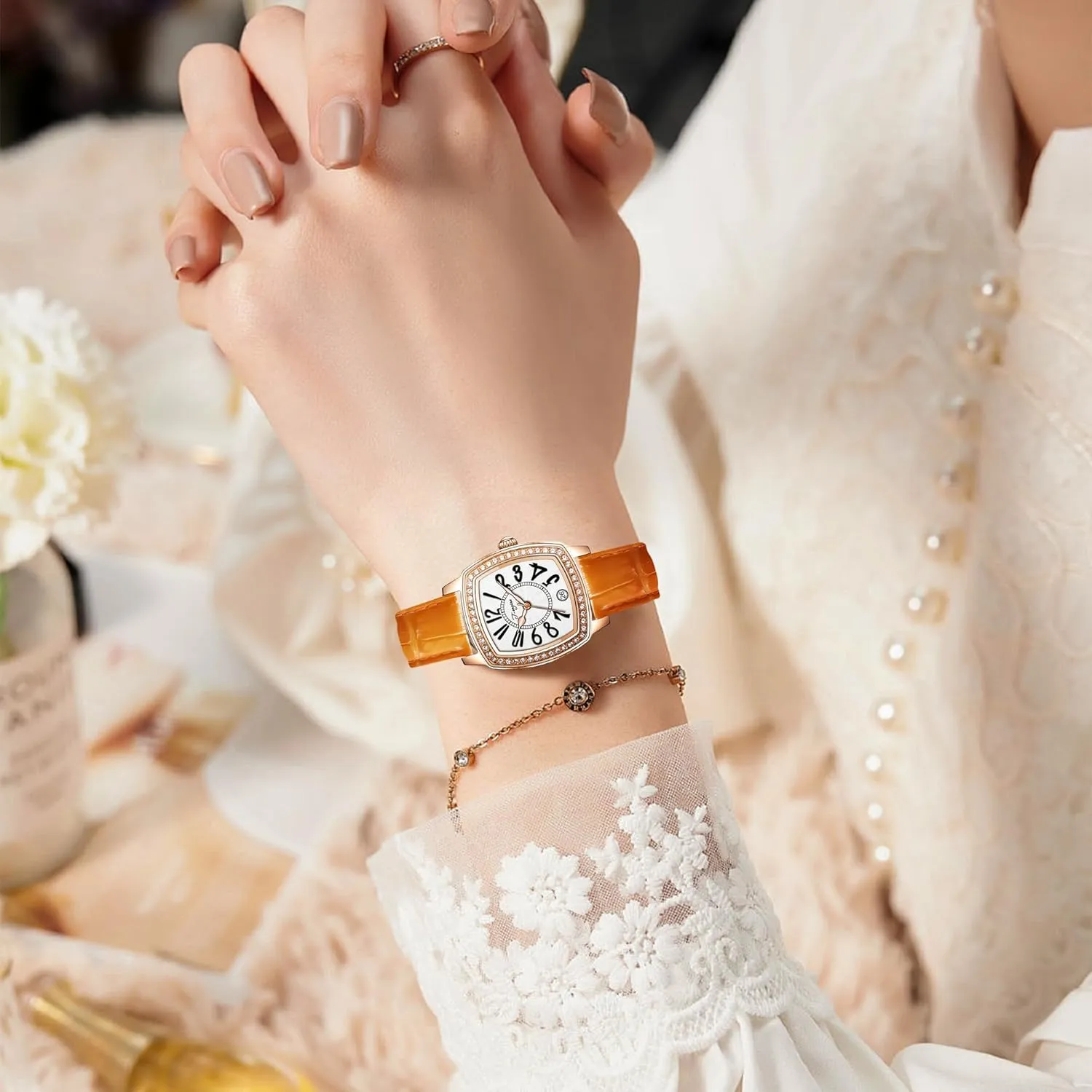T-ENGINE Luxury Women's Watch with Genuine Leather Strap, Diamond Inlay | Fashion Vintage Design