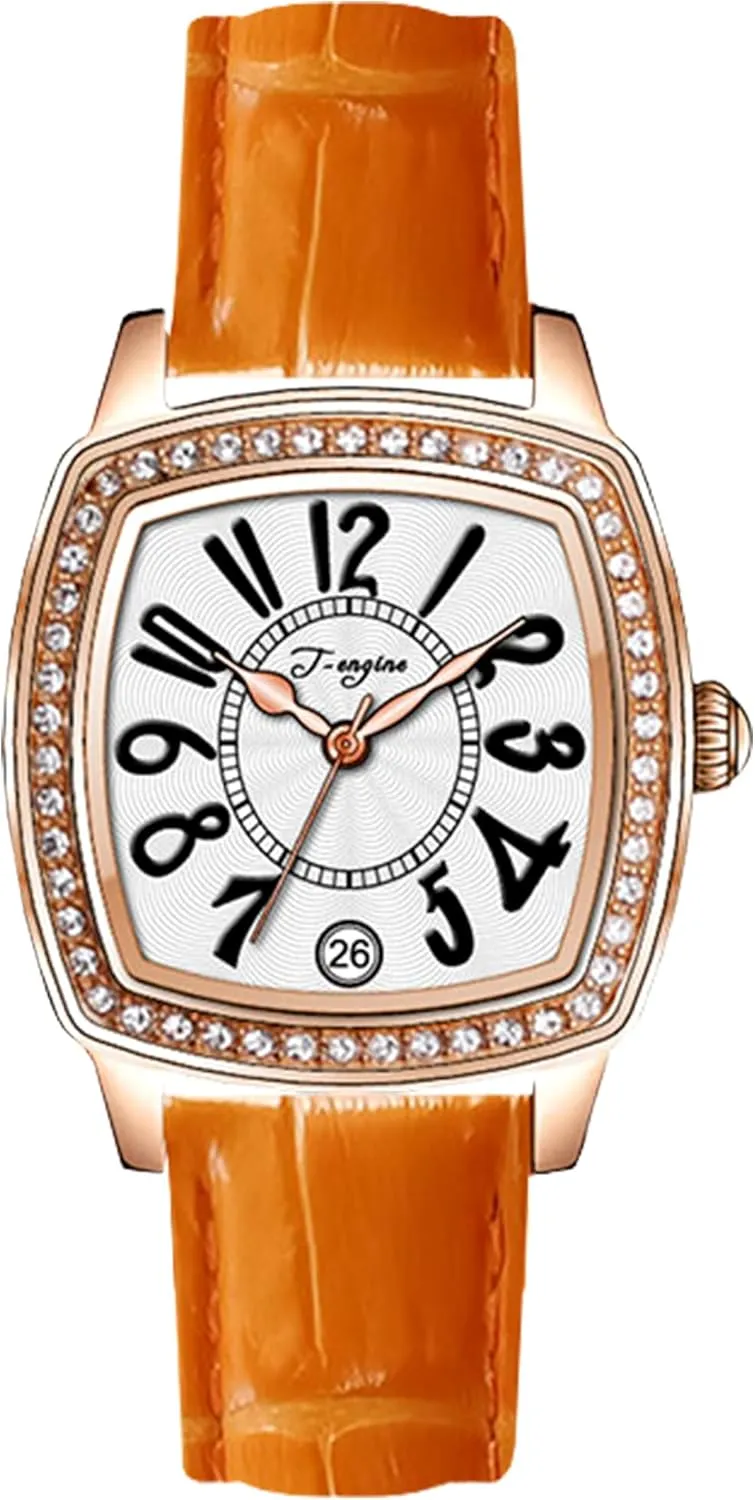 T-ENGINE Luxury Women's Watch with Genuine Leather Strap, Diamond Inlay | Fashion Vintage Design