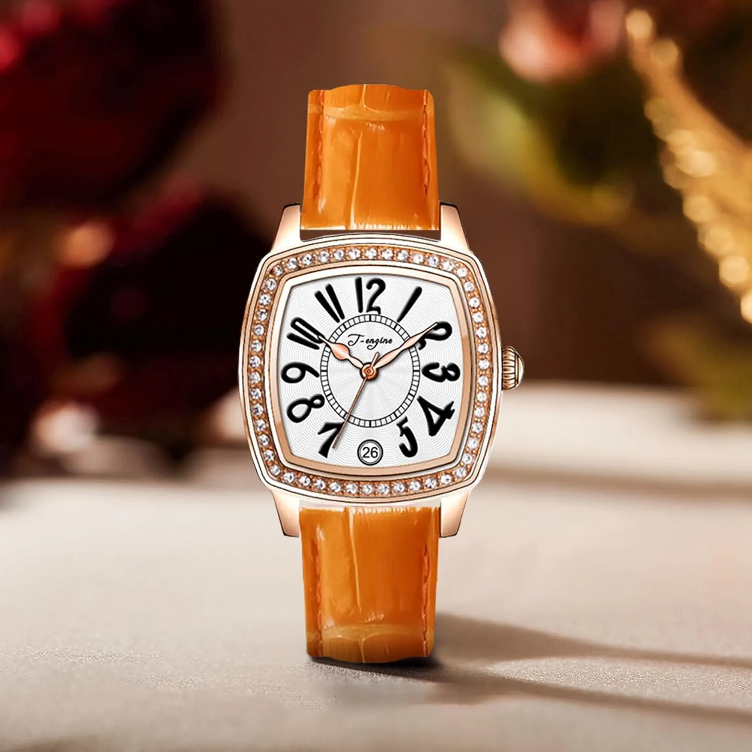 T-ENGINE Luxury Women's Watch with Genuine Leather Strap, Diamond Inlay | Fashion Vintage Design