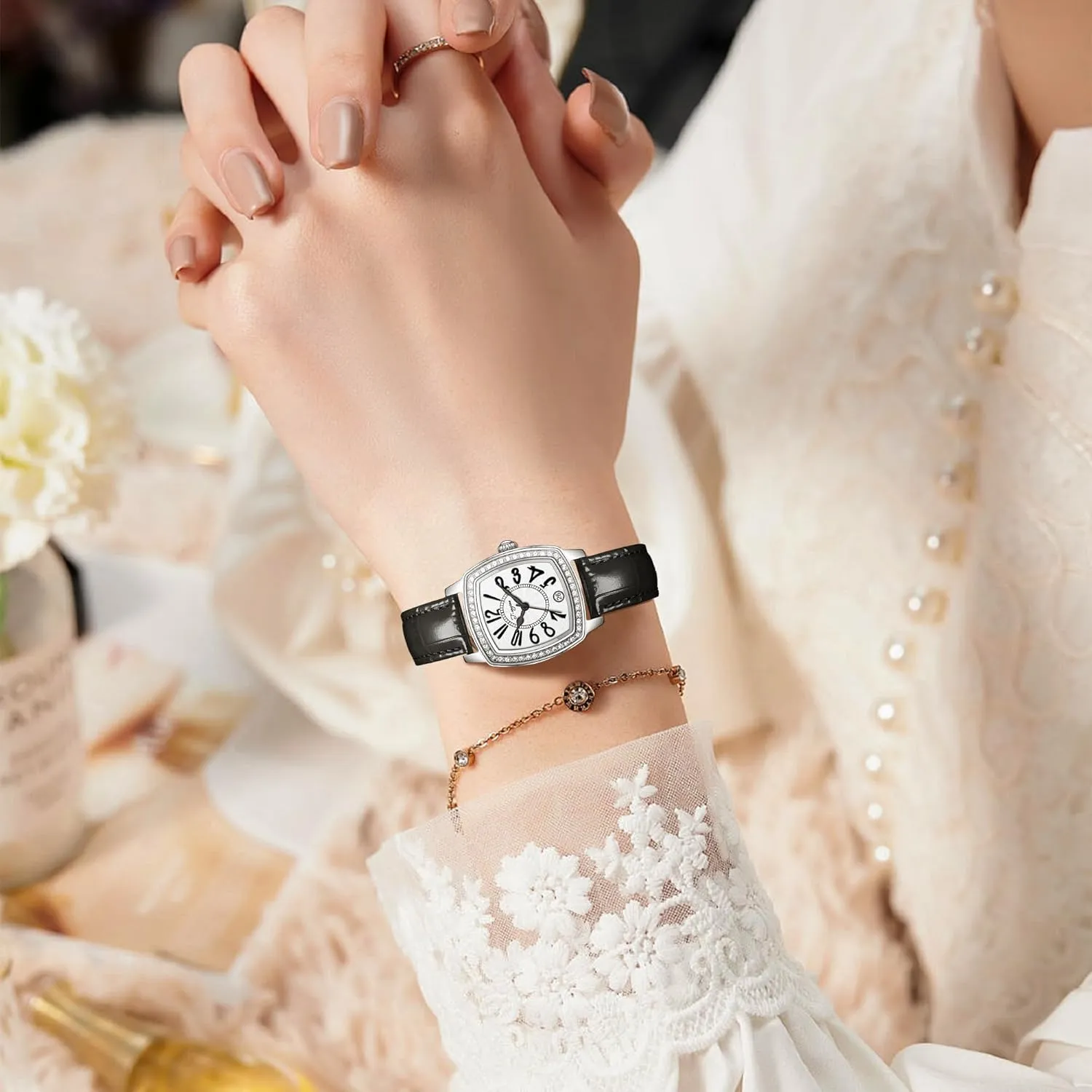T-ENGINE Luxury Women's Watch with Genuine Leather Strap, Diamond Inlay | Fashion Vintage Design