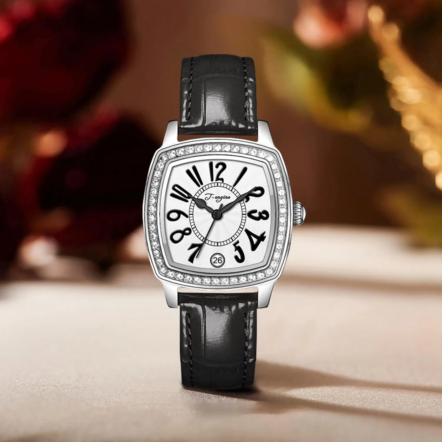 T-ENGINE Luxury Women's Watch with Genuine Leather Strap, Diamond Inlay | Fashion Vintage Design
