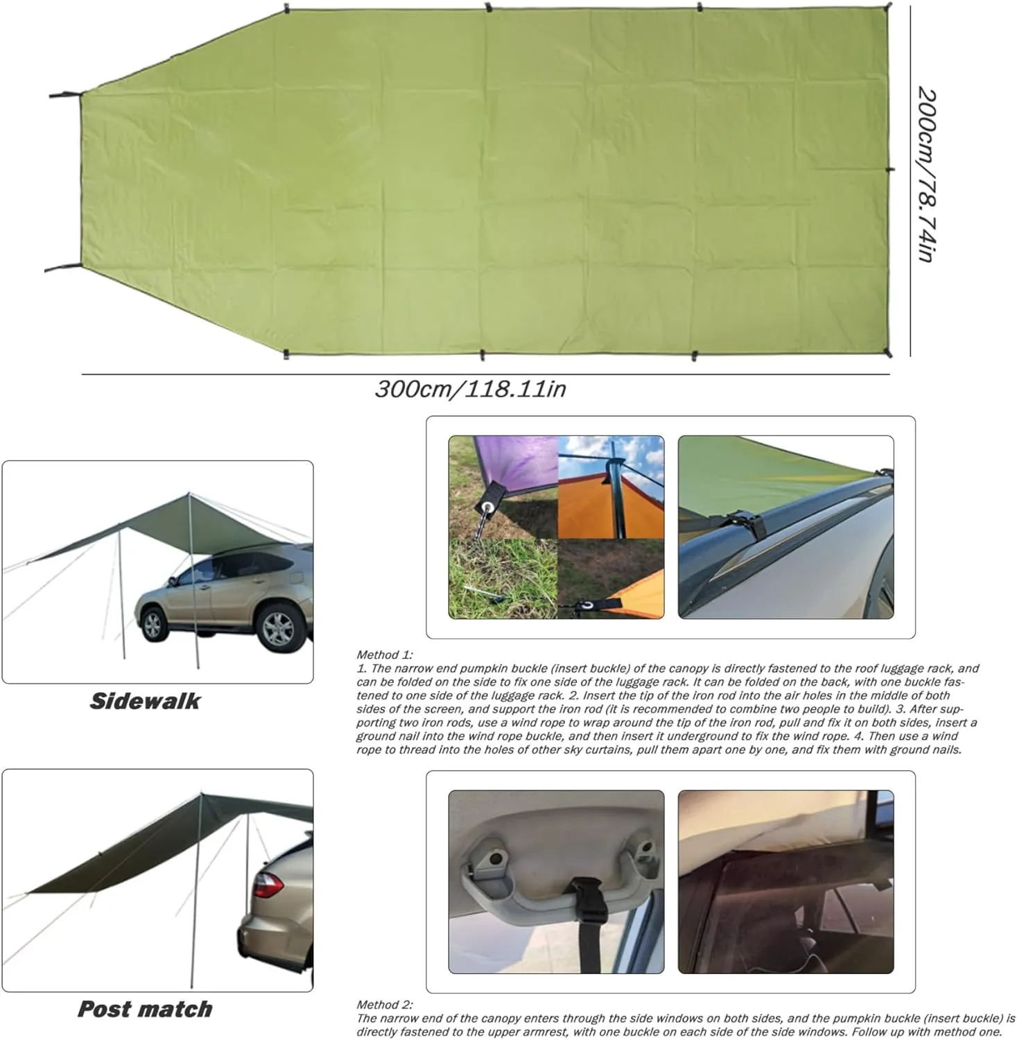 Tailgate Tent 118x78in Oxford Fabric Stable Waterproof & Portable SUV Car Awning Side/Rear-Mounted Universal-Fit Car Camping Tent Sun Shelter UV Protection (Green) Beach Survival Shelter
