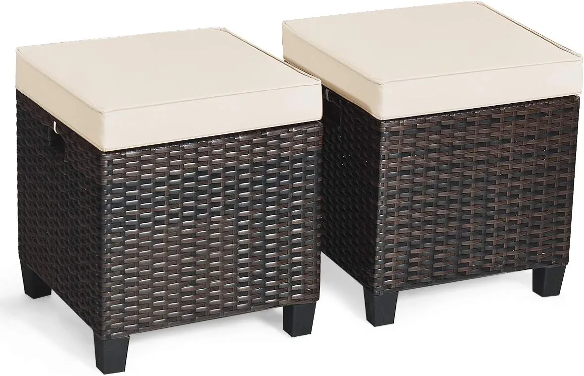Tangkula 2 Pieces Outdoor Patio Ottoman, All Weather Rattan Wicker Ottoman Seat, Patio Rattan Furniture, Outdoor Footstool Footrest Seat w/Removable Cushions