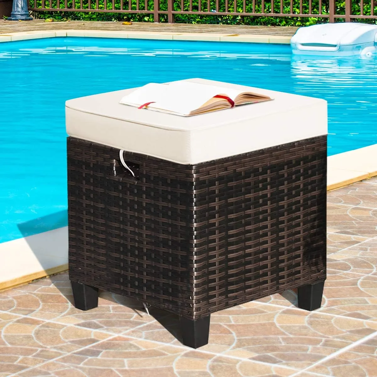 Tangkula 2 Pieces Outdoor Patio Ottoman, All Weather Rattan Wicker Ottoman Seat, Patio Rattan Furniture, Outdoor Footstool Footrest Seat w/Removable Cushions