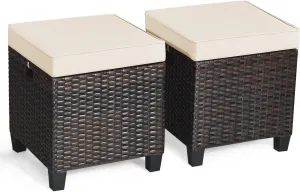 Tangkula 2 Pieces Outdoor Patio Ottoman, All Weather Rattan Wicker Ottoman Seat, Patio Rattan Furniture, Outdoor Footstool Footrest Seat w/Removable Cushions