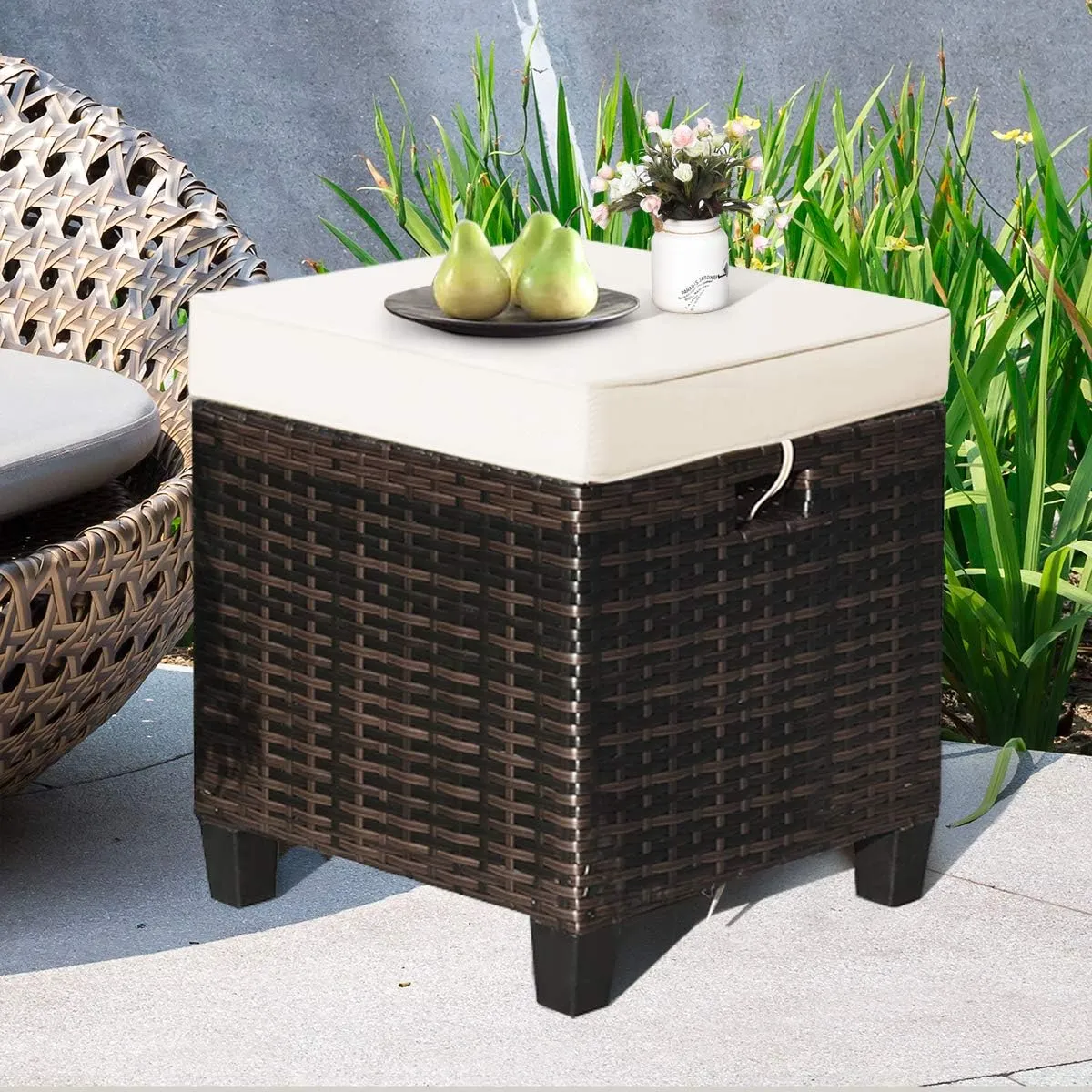 Tangkula 2 Pieces Outdoor Patio Ottoman, All Weather Rattan Wicker Ottoman Seat, Patio Rattan Furniture, Outdoor Footstool Footrest Seat w/Removable Cushions