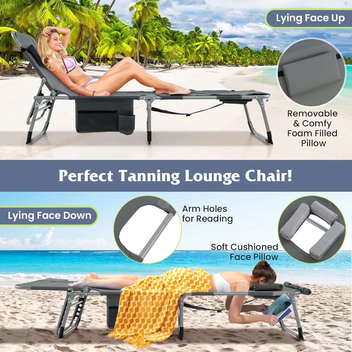 Tangkula Tanning Chair, Outdoor Folding Beach Lounge Chair with Face Hole, Adjustable Footrest, Removable Pillow, Storage Pocket, 5-Position Sunbathing Chair for Outside Beach (1, Grey)