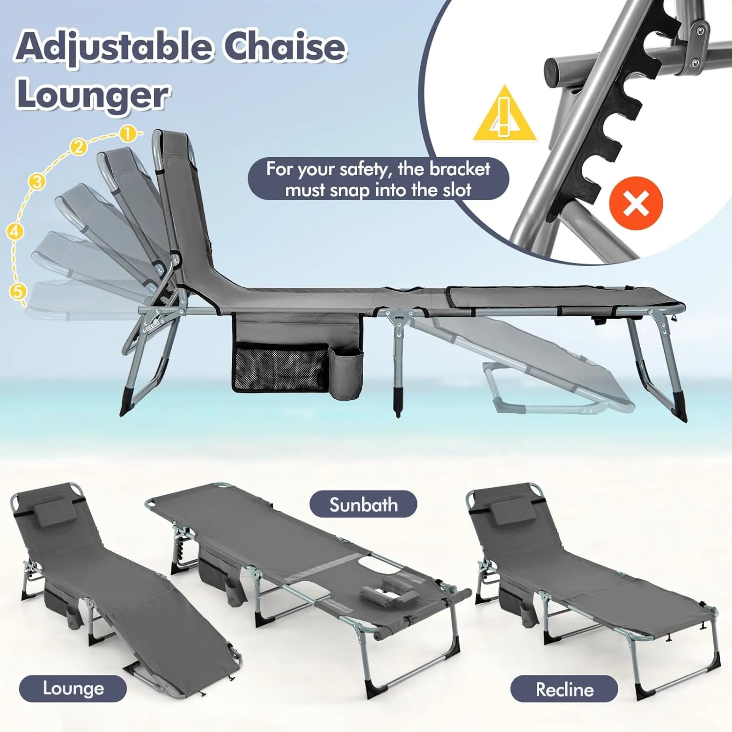 Tangkula Tanning Chair, Outdoor Folding Beach Lounge Chair with Face Hole, Adjustable Footrest, Removable Pillow, Storage Pocket, 5-Position Sunbathing Chair for Outside Beach (1, Grey)