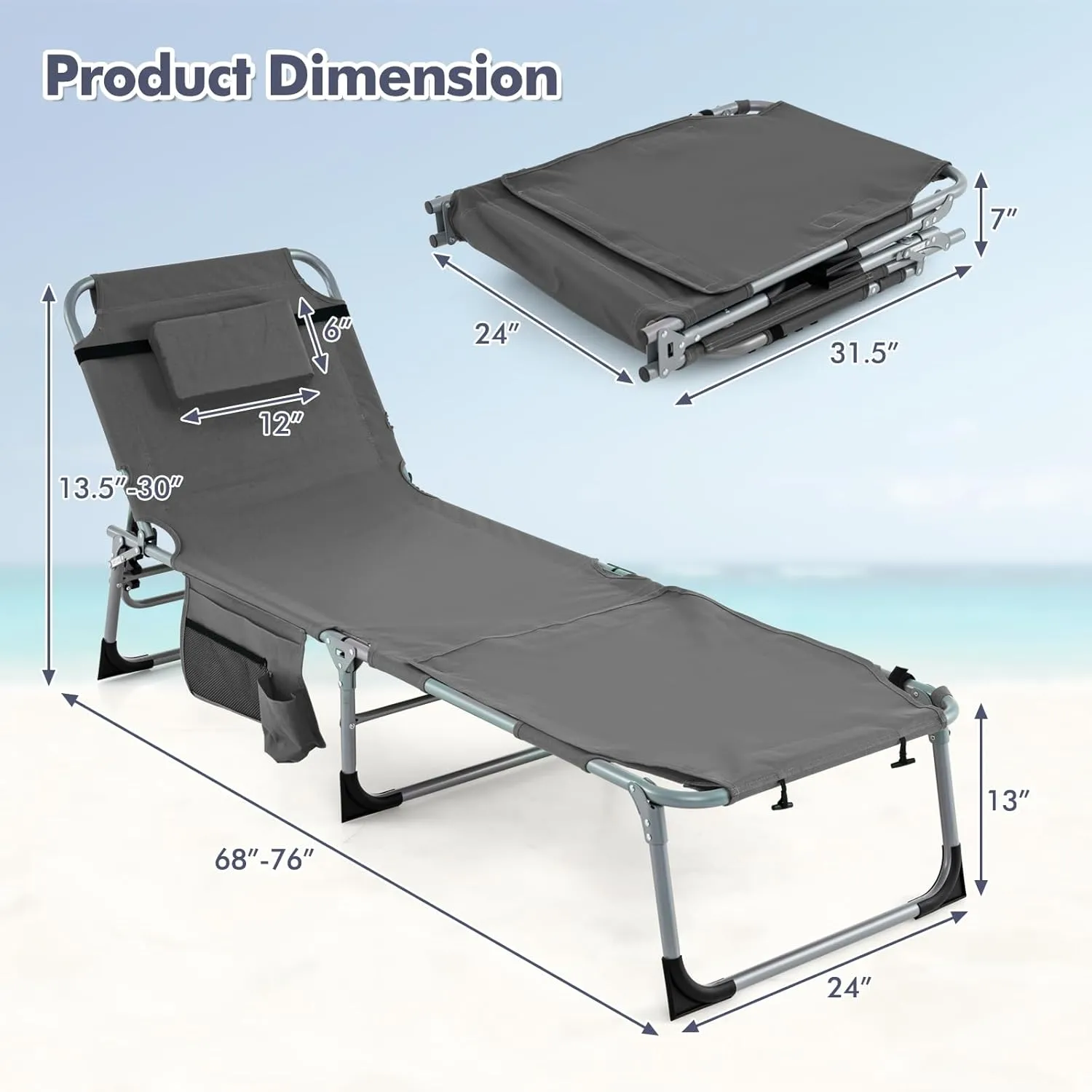Tangkula Tanning Chair, Outdoor Folding Beach Lounge Chair with Face Hole, Adjustable Footrest, Removable Pillow, Storage Pocket, 5-Position Sunbathing Chair for Outside Beach (1, Grey)
