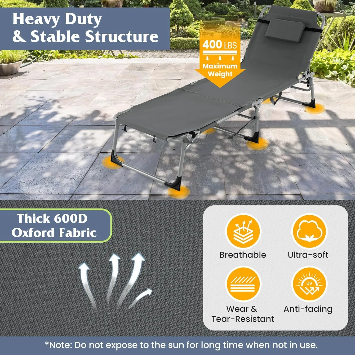 Tangkula Tanning Chair, Outdoor Folding Beach Lounge Chair with Face Hole, Adjustable Footrest, Removable Pillow, Storage Pocket, 5-Position Sunbathing Chair for Outside Beach (1, Grey)