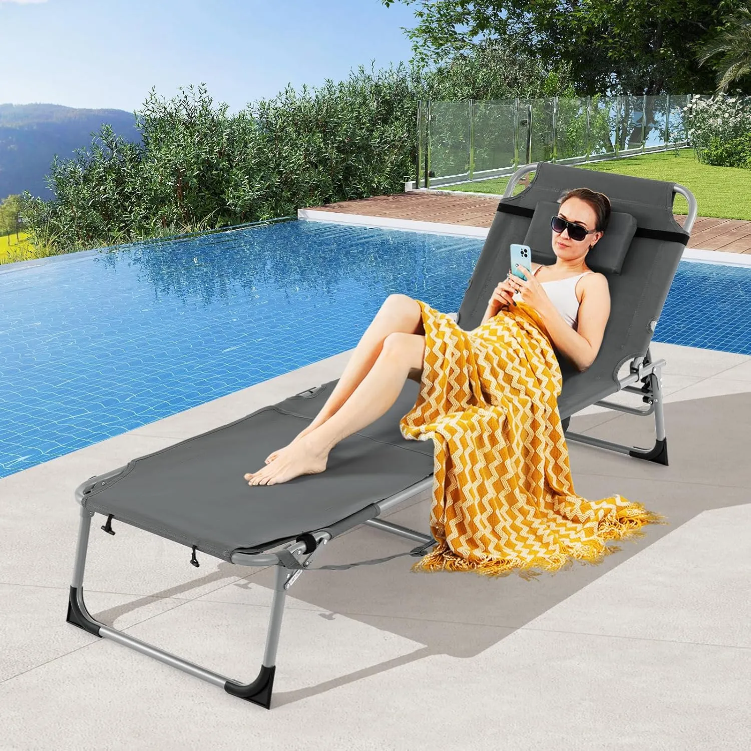 Tangkula Tanning Chair, Outdoor Folding Beach Lounge Chair with Face Hole, Adjustable Footrest, Removable Pillow, Storage Pocket, 5-Position Sunbathing Chair for Outside Beach (1, Grey)
