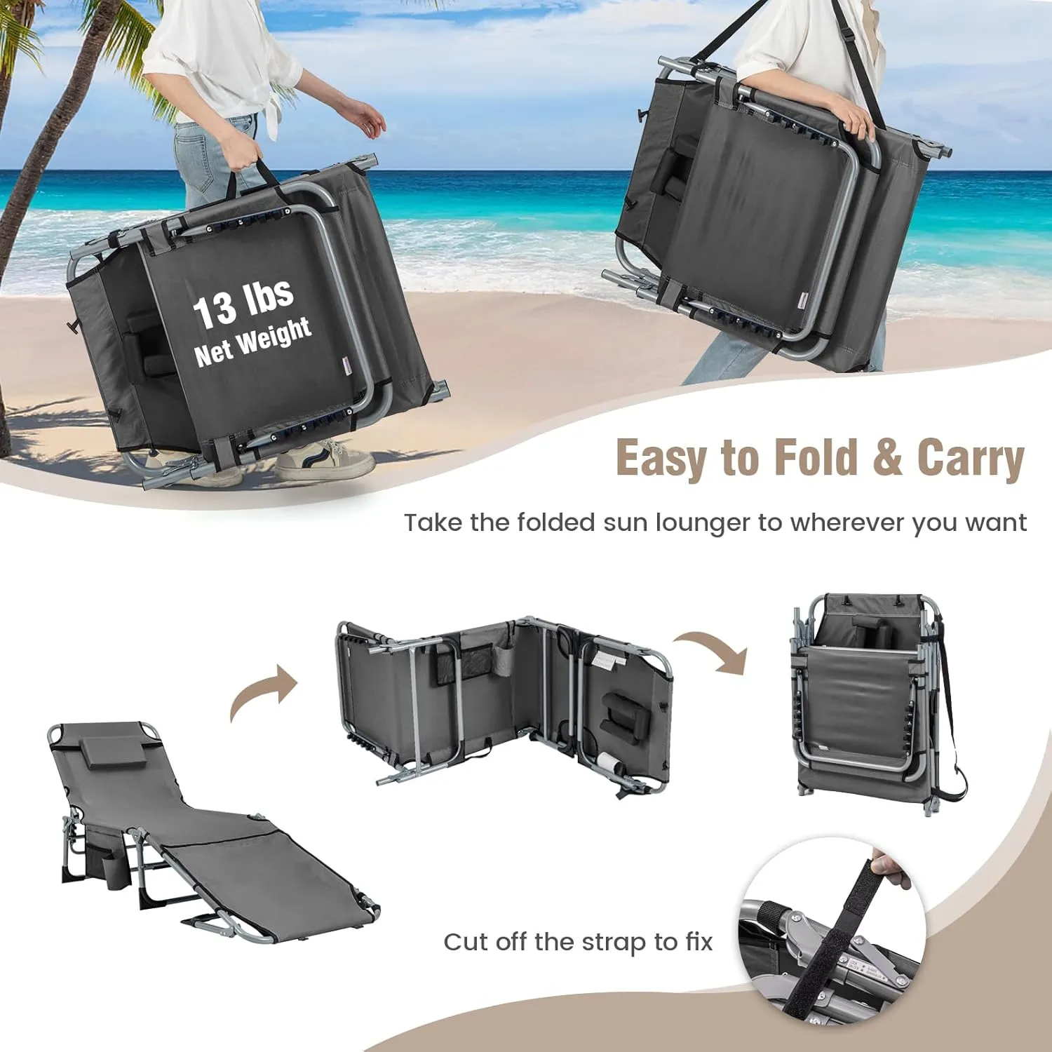 Tangkula Tanning Chair, Outdoor Folding Beach Lounge Chair with Face Hole, Adjustable Footrest, Removable Pillow, Storage Pocket, 5-Position Sunbathing Chair for Outside Beach (1, Grey)