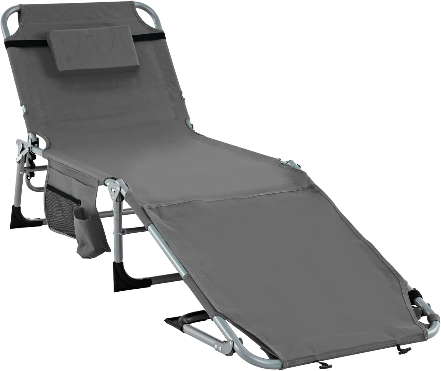 Tangkula Tanning Chair, Outdoor Folding Beach Lounge Chair with Face Hole, Adjustable Footrest, Removable Pillow, Storage Pocket, 5-Position Sunbathing Chair for Outside Beach (1, Grey)
