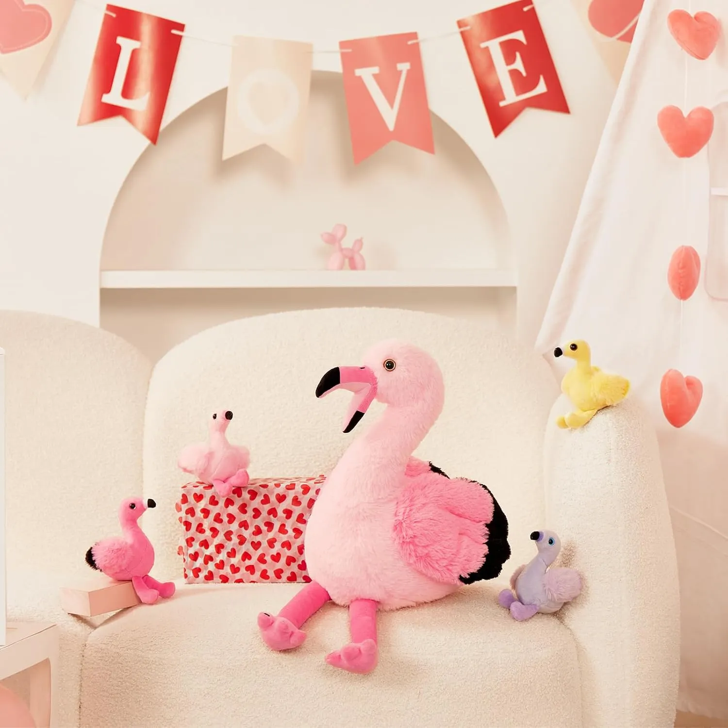 Tezituor Flamingo Stuffed Animal with 4 Babies,17.7" Pink Mommy Flamingo Plush with 4 Babies Soft Bird Toy for Kids Birthday Gift Nursery Decor