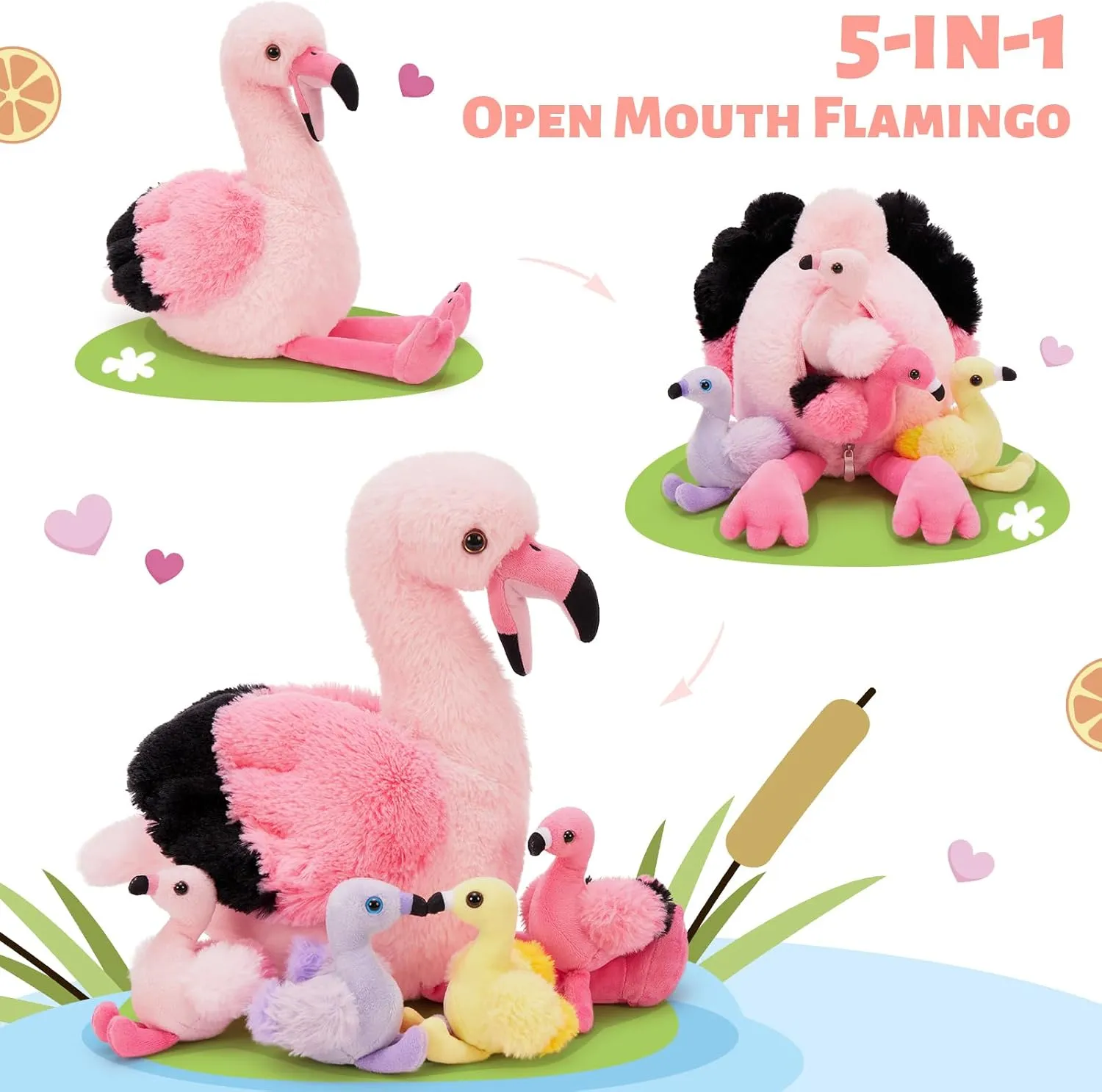 Tezituor Flamingo Stuffed Animal with 4 Babies,17.7" Pink Mommy Flamingo Plush with 4 Babies Soft Bird Toy for Kids Birthday Gift Nursery Decor