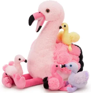 Tezituor Flamingo Stuffed Animal with 4 Babies,17.7" Pink Mommy Flamingo Plush with 4 Babies Soft Bird Toy for Kids Birthday Gift Nursery Decor