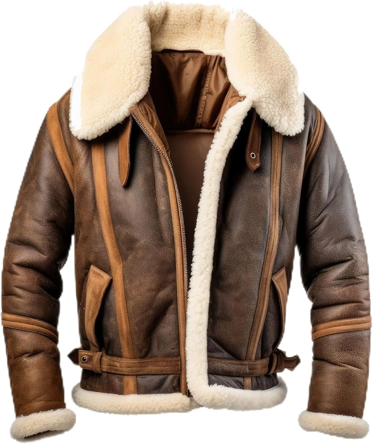 The Next Men Shearling Lapel Fur Leather Jacket Bomber Coat Side Pockets Aviation Genuine Leather Jackets